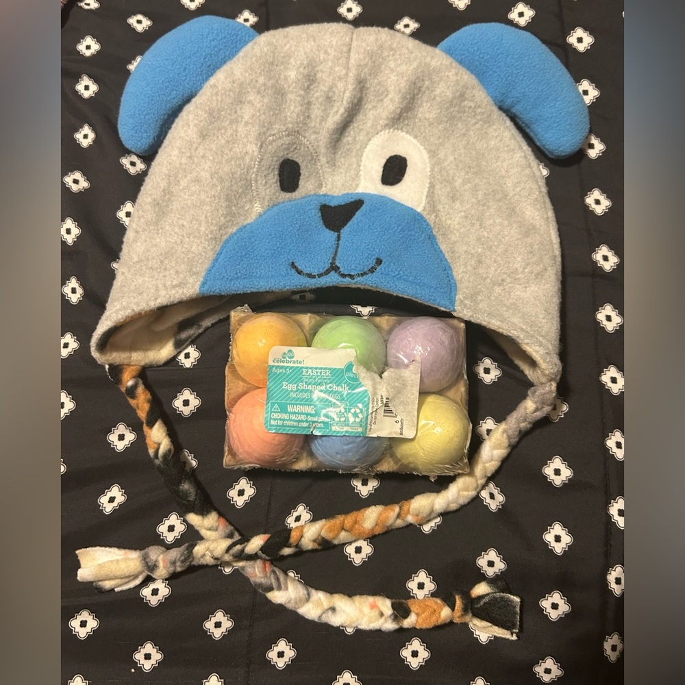 Blue and Gray Dog Hat with Colorful Easter egg chalk